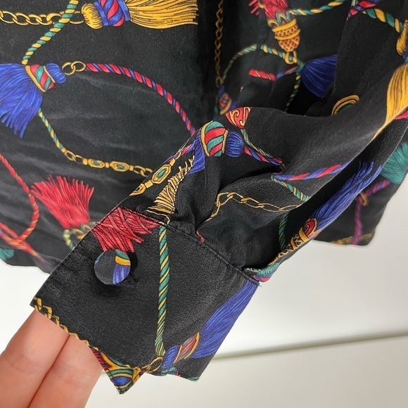 Vintage 90s Y2K Talbots 100% Silk Blouse Tassel Print Womens Size 12 - Picture 7 of 10